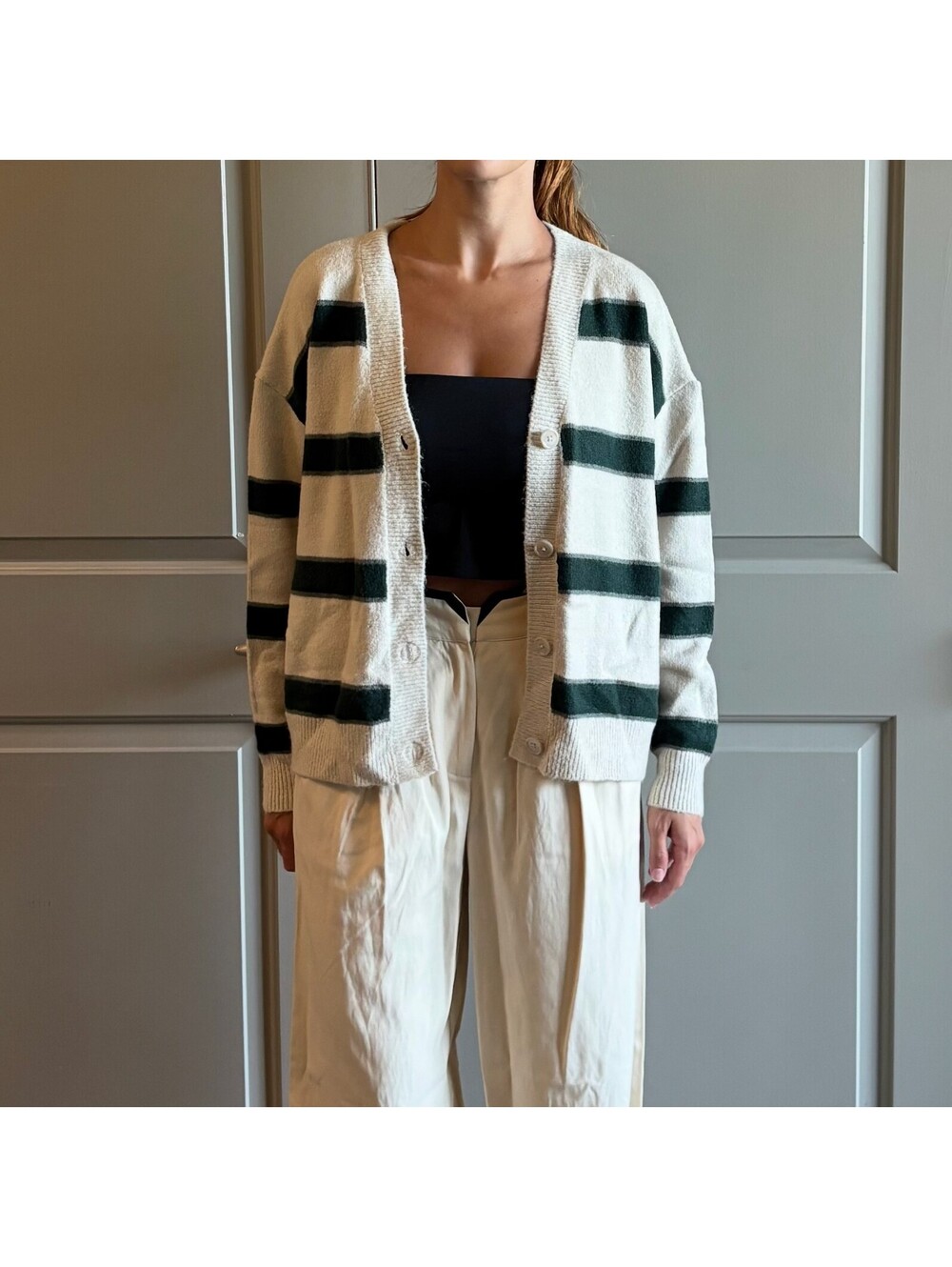 Splendid Striped V-Neck Cardigan S Cream Green Button Knit Sweater Cozy NWT